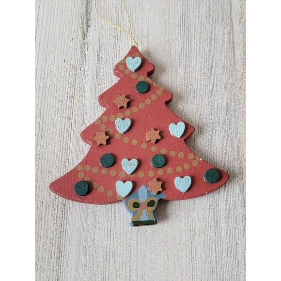 Wooden red tree star heart hand paint ornament Xmas decor - Picture 5 of 6